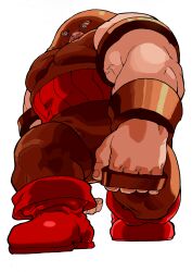 1990s_(style) 1boy absurdres armor bengus brass_knuckles clenched_hand facing_viewer from_below full_body game_cg giant helmet highres juggernaut_(x-men) looking_at_viewer male_focus marvel marvel_vs._capcom muscular muscular_male non-web_source official_art open_mouth retro_artstyle scan simple_background solo walking weapon white_background x-men x-men_vs._street_fighter