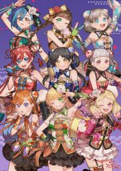6+girls :d :o ;) ;d \m/ absurdres alternate_costume arashi_chisato arched_bangs arm_up armpits black_hair black_skirt blonde_hair blue_eyes blue_gloves blue_hair blue_shirt blunt_bangs braid breasts brown_hair bun_cover chinese_clothes commentary_request crossed_bangs detached_collar detached_sleeves double_bun fingerless_gloves flower flower_knot garter_straps gloves gradient_background green_eyes green_gloves green_shirt grey_hair hair_between_eyes hair_bun hair_flower hair_ornament hand_up hands_on_own_cheeks hands_on_own_face hazuki_ren heanna_sumire highres long_hair long_sleeves love_live! love_live!_superstar!! low_twin_braids medium_breasts miniskirt multiple_girls okome_maru one_eye_closed onitsuka_natsumi open_mouth orange_eyes orange_hair orange_shirt parted_bangs parted_lips pink_eyes purple_background purple_eyes red_eyes red_flower red_hair red_shirt sakurakoji_kinako shibuya_kanon shirt short_hair short_hair_with_long_locks signature single_garter_strap single_thighhigh skirt sleeves_past_fingers sleeves_past_wrists small_breasts smile strapless strapless_shirt swept_bangs tang_keke teeth thighhighs twin_braids twintails upper_teeth_only v-shaped_eyebrows wakana_shiki white_flower white_skirt yellow_eyes yellow_shirt yoneme_mei
