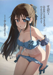 1girl absurdres beach bikini blue_bikini blue_eyes blue_sky blush bow bracelet breasts brown_hair cleavage cloud commentary_request detached_sleeves flower hair_bow hair_flower hair_ornament hairclip heart highres jewelry long_hair looking_at_viewer love_live! love_live!_nijigasaki_high_school_idol_club medium_breasts nervous ocean osaka_shizuku osaka_shizuku_(odaiba_beach_girl) outdoors parted_lips pearl_bracelet puffy_detached_sleeves puffy_sleeves see-through_bikini see-through_clothes sidelighting sky solo sound_effects spoken_heart swimsuit tata_(tataice) translated undressing
