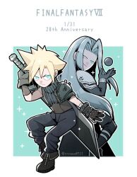 2boys anniversary aqua_background aqua_eyes armor back-to-back baggy_pants bandaged_arm bandages belt black_jacket black_pantyhose blonde_hair boots border brown_belt brown_gloves buster_sword cloud_strife earrings final_fantasy final_fantasy_vii frown full_body gloves grey_hair hair_between_eyes holding holding_sword holding_weapon jacket jewelry long_bangs male_focus materia multiple_boys nnnmmg0725 pants pantyhose parted_bangs pauldrons sephiroth short_hair shoulder_armor single_bare_shoulder single_earring single_pauldron sleeveless sleeveless_turtleneck smile sparkle spiked_hair suspenders sword turtleneck twitter_username weapon white_border