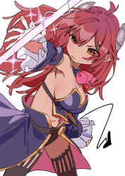 1girl absurdres ahoge blue_sleeves bow bowtie breasts brown_eyes cleavage closed_mouth crisis_management_form_(machikado_mazoku) curled_horns demon_girl demon_horns demon_tail detached_collar detached_sleeves frilled_sleeves frills haruyuki_(gffewuoutgblubh) highres horns large_breasts long_hair machikado_mazoku navel pink_bow pink_bowtie red_hair revealing_clothes shortstack showgirl_skirt simple_background solo sweat tail thighs white_background yoshida_yuuko_(machikado_mazoku)
