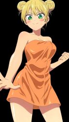 1girl anime_screenshot bare_shoulders black_background blonde_hair blush breasts cleavage closed_mouth collarbone dot_nose female_focus green_eyes hair_bun hair_buns highres hoshizaki_rika_(kanojo_mo_kanojo) kanojo_mo_kanojo large_breasts long_hair looking_at_viewer naked_towel simple_background smile solo solo_focus stitched thighs thighs_focus third-party_edit towel