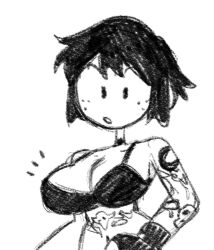 black_bra bra breasts choker gloves jen_lum large_breasts sketch suprised_look tattoo underwear