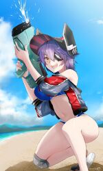 1girl beach bikini blue_bikini blue_sky breasts cloud commentary_request cosplay day full_body head_only jacket kantai_collection kimura_shiki large_breasts multicolored_jacket navel ocean open_mouth outdoors purple_hair short_hair sky solo south_dakota_(kancolle) south_dakota_(kancolle)_(cosplay) south_dakota_(swimsuit)_(kancolle) sports_bikini swimsuit teeth tenryuu_(kancolle) upper_teeth_only visor_cap water_gun yellow_eyes