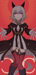1girl absurdres animal_ears black_boots black_dress boots bow closed_mouth clothing_cutout commentary curren_chan_(umamusume) dress ear_bow ear_covers english_commentary gloves grey_hair haibarasaika half-dress highres horse_ears horse_girl horse_tail knee_boots long_sleeves looking_at_viewer medium_dress mixed-language_commentary purple_eyes reaching reaching_towards_viewer red_background red_thighhighs short_hair shoulder_cutout smile solo standing tail thighhighs umamusume white_gloves