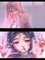 2girls absurdres alien_stage black_dress black_hair blood blood_on_face chinese_commentary commentary_request dress highres implied_after_kiss licking_blood long_hair mizi_(alien_stage) multiple_girls nosebleed pink_hair purple_eyes short_hair sleeveless sleeveless_dress sua_(alien_stage) tongue white_dress yellow_eyes yezi0331 yuri