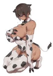 abs animal_ears animal_print biceps breasts brown_hair covered_abs cow_ears cow_girl cow_print cow_tail dark-skinned_female dark_skin highres kei_(m_k) lactation large_breasts m_k muscular muscular_female navel nipple_slip nipples obliques original red_eyes short_hair tail tall_female tan thick_thighs thighs tomboy toned