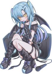 1girl black_boots black_shirt black_socks blue_hair boots chewing_gum choker collarbone demon_wings gradient_hair highres long_hair looking_at_viewer microphone multicolored_hair off_shoulder original parted_bangs shirt single_off_shoulder sitting socks solo speaker thigh_strap wings yellow_eyes yokubariyachii
