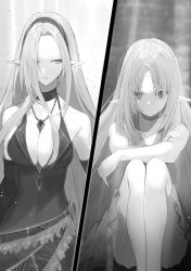 2girls beatrix_(kage_no_jitsuryokusha_ni_naritakute!) blurry blurry_background breasts choker cleavage closed_mouth collarbone crossed_arms dress elbow_gloves evening_gown frown gloves greyscale hair_over_one_eye hairband highres jewelry kage_no_jitsuryokusha_ni_naritakute! large_breasts light_particles long_hair medium_breasts miniskirt monochrome multiple_girls necklace novel_illustration official_art olivier_(kage_no_jitsuryokusha_ni_naritakute!) parted_bangs pointy_ears skirt sleeveless sleeveless_dress split_screen standing touzai very_long_hair