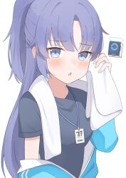 1girl black_shirt blue_archive blue_eyes blue_jacket blush breasts drone highres id_card jacket lanyard long_hair long_sleeves looking_at_viewer medium_breasts muki_c official_alternate_costume official_alternate_hairstyle open_mouth purple_hair shirt simple_background solo towel towel_around_neck upper_body white_background yuuka_(blue_archive) yuuka_(track)_(blue_archive)