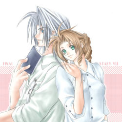 00s 1boy 1girl 2000s aerith_gainsborough book braid breasts brown_hair dress_shirt final_fantasy final_fantasy_vii green_eyes grey_shirt holding holding_book lowres parted_bangs patterned_background rendezvous sephiroth shirt sidelocks silver_hair square_enix white_shirt