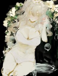 1girl absurdres bare_shoulders bikini black_background blonde_hair blue_eyes breasts choker cleavage flower highres iggy.m large_breasts long_hair original sketch solo swimsuit