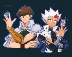 absurdres beyblade beyblade_(object) black_background black_shirt brown_hair cape card card_pendant character_request coat cosplay costume_switch dark-skinned_male dark_skin highres holding holding_card kaiba_seto kaiba_seto_(cosplay) luka_kishatu metal_fight_beyblade multicolored_hair ono_kenshou red_hair ryuga_(beyblade) shirt short_hair simple_background spiked_hair trading_card tsuda_kenjirou two-tone_hair upper_body voice_actor_connection watermark white_cape white_coat white_hair
