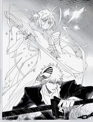 1boy 1girl bankai black_hair bleach dress greyscale holding holding_sword holding_weapon hollow_mask katana kuchiki_rukia kurosaki_ichigo mask mask_on_head monochrome short_hair sword takenokoqvq weapon zanpakutou