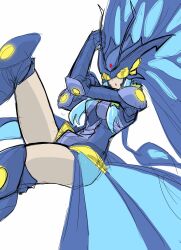 Rule 34 | 1girl, armor, armored boots, armored gloves, armored leotard, blue hair, boots, breasts, bug, butterfly, butterfly wings, digimon, digimon (creature), female focus, fur collar, gloves, helmet, highres, hudiemon, insect, insect wings, leotard, medium breasts, open mouth, ph6xeivbgpimggg, shoulder armor, skirt, solo, solo focus, thick thighs, thighhighs, thighs, tinted eyewear, wings, yellow-tinted eyewear