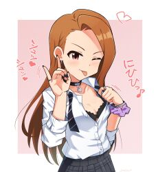 Rule 34 | 1girl, :p, \m/, asymmetrical bangs, bangle, black bow, black bowtie, black bra, black choker, black nails, blush, border, bow, bowtie, bra, bracelet, breasts, brown hair, choker, cleavage, collarbone, collared shirt, concept gyarus (idolmaster), diagonal-striped bow, diagonal-striped bowtie, diagonal-striped clothes, dot nose, earrings, fellatio gesture, forehead, grey skirt, gyaru, hands up, heart, heart choker, highres, idolmaster, idolmaster (classic), idolmaster million live!, idolmaster million live! theater days, jewelry, kim da-yoon, lace, lace-trimmed bra, lace trim, lingerie, long hair, looking at viewer, loose bowtie, minase iori, official alternate costume, one eye closed, open clothes, open collar, open shirt, opened by self, outside border, pink background, pink scrunchie, plaid clothes, plaid skirt, pleated skirt, school uniform, scrunchie, seductive smile, shirt, silver bangle, silver bracelet, silver ring, single sidelock, skirt, sleeves rolled up, smile, solo, sound effects, straight-on, striped clothes, swept bangs, tongue, tongue out, translation request, underwear, upper body, white border, white shirt, wrist scrunchie