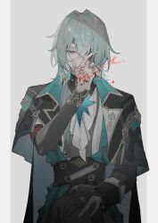 1boy absurdres anaxa_(honkai:_star_rail) aqua_coat aqua_eyes aqua_hair ascot black_capelet black_corset black_pants blue_vest brooch capelet chinese_commentary coat commentary_request corset cowboy_shot gem gold_trim hair_between_eyes hair_intakes hair_over_one_eye hair_over_shoulder hand_up highres honkai:_star_rail honkai_(series) jewelry long_hair long_sleeves looking_at_viewer low_ponytail male_focus multicolored_eyes multiple_rings pants ponytail purple_eyes red_gemstone ring shirt sleeve_cuffs sleeveless sleeveless_shirt solo two-tone_eyes vest white_ascot white_shirt yue_(shemika98425261)