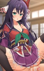 1boy 1girl black_hair black_thighhighs blush breasts cleavage emil_chronicle_online foreskin grabbing_another&#039;s_ass green_eyes groping hair_between_eyes hair_ribbon highres indoors japanese_clothes kimono kiyohime_lore large_breasts long_hair open_mouth penis phimosis raised_inner_eyebrows ribbon takanashi_(takanashi_tkns) thighhighs