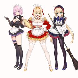 3girls ahoge alternate_costume apron artoria_caster_(fate) artoria_pendragon_(fate) blonde_hair blush borrowed_design braid breasts cleavage fate/extra fate/grand_order fate_(series) green_eyes hair_bun hair_intakes hair_over_one_eye happy_new_year highres large_breasts long_hair looking_at_viewer maid maid_apron maid_headdress mash_kyrielight multiple_girls nero_claudius_(fate) nero_claudius_(fate/extra) new_year purple_eyes purple_hair short_hair single_hair_bun small_breasts twintails yd_(orange_maru)