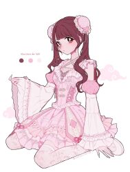 1girl brown_eyes brown_hair bun_cover chiba_yuna color_guide corset cross-laced_clothes cross-laced_corset detached_sleeves expressionless frilled_skirt frilled_sleeves frills full_body highres idol juliet_sleeves kyururin_tte_shitemite lace lace_thighhighs layered_skirt long_hair long_sleeves looking_at_viewer mole mole_under_eye nekosuitai_yo parted_lips pink_corset pink_skirt print_thighhighs puffy_sleeves real_life shoes simple_background sitting skirt solo thighhighs twintails wariza white_background white_shoes white_thighhighs wide_sleeves