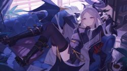 1girl =_hair_ornament armband arms_up belt black_belt black_boots black_coat black_halo black_horns black_jacket black_skirt black_thighhighs black_wings blue_archive book book_stack bookshelf boots breasts buttons chinese_commentary coat coat_on_shoulders coffee coffee_mug commentary_request couch cup curled_horns cushion day demon_girl demon_horns demon_wings double-breasted expressionless hair_flowing_over halo highres hina_(blue_archive) horns indoors jacket kumatangent lace-up_boots long_hair long_sleeves looking_ahead low_wings medium_breasts military_dress_uniform military_jacket military_uniform miniskirt mug multiple_horns on_couch paper parted_bangs parted_lips pen purple_eyes reclining red_armband sam_browne_belt skirt slit_pupils solo thighhighs turtleneck white_hair window window_blinds wings