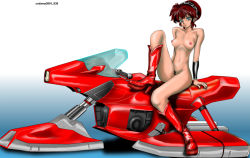 1girl benten_(urusei_yatsura) boots breasts breasts_apart brown_hair codama female_focus female_pubic_hair hover_bike looking_at_viewer medium_breasts motor_vehicle motorcycle nipples nude pubic_hair solo uncensored urusei_yatsura vehicle zenra