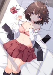 1girl black_socks blush bra breasts brown_eyes brown_hair hair_ornament hairclip highres indoors looking_at_viewer medium_breasts medium_hair navel on_bed open_clothes open_shirt original pillow pink_bra red_skirt school_uniform shirt skirt smile socks solo underwear uramakaron white_shirt