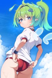 1girl :/ absurdres alien ass bandaid bandaid_on_face bandaid_on_nose blue_eyes blue_sky blush bug cloud collar detached_wings ferumi_kaipa from_behind gradient_hair green_hair gym_uniform hair_intakes hair_ornament high_ponytail highres indie_virtual_youtuber insect_wings looking_at_viewer looking_back multicolored_hair panties petite pointy_ears ponytail red_shorts shirt shorts sin_pentagram sky sweat thighs underwear virtual_youtuber white_shirt wings