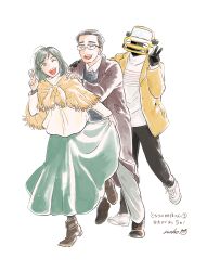 1girl 2boys ;d artist_name black_pants brown_footwear brown_suit capelet closed_eyes formal_clothes glasses green_eyes grey_hair grey_pants grey_sweater_vest hand_on_another&#039;s_shoulder matsuri6373 multiple_boys nishiya_chiaki nishiya_kazuhiko old old_man old_woman one_eye_closed open_mouth pants shirt shoes skirt_hold smile sneakers standing suit sweater_vest tonari_no_youkai-san v white_background white_shirt