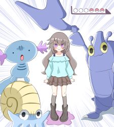 1girl brown_hair brown_skirt ditto gen_1_pokemon gen_2_pokemon heracross highres imasogari nintendo omanyte pokemon skirt