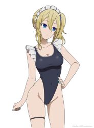 1girl absurdres blonde_hair blue_eyes blue_nails blue_one-piece_swimsuit breasts cleavage closed_mouth coro_fae cowboy_shot groin hand_on_own_hip hayasaka_ai highleg highleg_one-piece_swimsuit highres kaguya-sama_wa_kokurasetai_~tensai-tachi_no_renai_zunousen~ maid_headdress medium_breasts one-piece_swimsuit side_ponytail simple_background swimsuit thigh_strap white_background