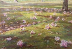 Rule 34 | day, falling flower, flower, flower focus, grass, highres, nature, no humans, norako pastel, original, painting (medium), pastel (medium), pink flower, plant, traditional media, tree
