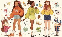 Rule 34 | 2boys, 6+girls, beauty and the beast (disney), belle (disney), bill cipher, black hair, braces, brother and sister, brown eyes, brown hair, casual, contemporary, dark-skinned female, dark skin, dipper pines, gravity falls, hairband, highres, long hair, mabel pines, melchencanto, moana (movie), moana waialiki, multiple boys, multiple girls, open mouth, shirt, siblings, smile, sweater, the princess and the frog, tiana (the princess and the frog), twins