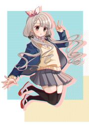 1girl arm_up black_ribbon black_thighhighs blazer blue_jacket braid braided_bangs brown_eyes brown_sweater collared_shirt commentary_request dress_shirt drop_shadow full_body grey_hair grey_skirt hair_ribbon highres hisakawa_nagi idolmaster idolmaster_cinderella_girls idolmaster_cinderella_girls_starlight_stage jacket long_hair long_sleeves looking_at_viewer low_twintails open_clothes open_jacket parted_lips pink_ribbon pleated_skirt ribbon rino_cnc school_uniform shirt shoes skirt sleeves_past_wrists solo sweater thighhighs twintails v very_long_hair white_shirt white_shoes