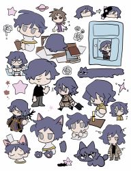 animal_ears animal_hands animification black_shirt blue_hair book brown_coat brown_hair brown_pants capelet cat cat_boy cat_ears cat_tail chen_zying chibi chinese_commentary clipboard closed_eyes coat collared_shirt commentary_request desk flower grey_eyes harada_minoru hatsutori_hajime headpat heterochromia highres holding holding_clipboard holding_pen holding_suitcase hood hood_down hooded_robe ice in_container in_refrigerator jitome kemonomimi_mode lab_coat long_sleeves male_focus messy_hair multiple_views no_mouth no_nose open_clothes open_coat out_of_frame pants paper pen planet purple_robe purple_sweater red_eyes red_pants refrigerator robe rose saibou_shinkyoku sanpaku shirt short_hair simple_background spoilers star_(symbol) stole suitcase sweat sweater tail turtleneck turtleneck_sweater utsugi_noriyuki white_background white_capelet white_flower white_rose white_shirt writing yellow_eyes yellow_shirt