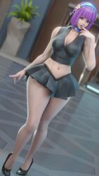 1girl absurdres asamiya_athena breasts curvy dress female_focus hairband heel_up highres looking_at_viewer medium_breasts nipples pale_skin purple_eyes purple_hair shiny_skin shirt short_hair skirt standing star_(symbol) the_king_of_fighters thick_thighs thighs wide_hips