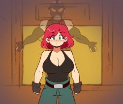 1boy 1girl animated animated_gif blush breasts cleavage clothes_pull gas_mask green_eyes large_breasts mask meryl_silverburgh metal_gear_(series) mind_control panties pants pants_pull psycho_mantis scruffmuhgruff smile tank_top television underwear undressing
