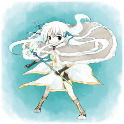 1girl ark_kan black_eyes black_gloves blue_background blue_bow boots bow brown_cape cape commentary_request dress fingerless_gloves floating_hair full_body fur-trimmed_cape fur_trim gloves grey_boots hair_bow high_wizard_(ragnarok_online) holding holding_staff long_hair looking_at_viewer lowres ragnarok_online solo staff standing white_dress white_hair