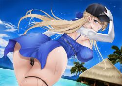 1girl arm_up ass bikini bikini_bottom_only black_bikini black_hat blonde_hair blue_dress blue_eyes blue_ribbon blue_sky blush breasts brown_dust_(series) brown_dust_2 cleavage cloud commentary covered_erect_nipples cowboy_shot day dress dutch_angle earrings english_commentary fingerless_gloves from_behind gloves hair_over_one_eye hair_ribbon hat jewelry kuroakei large_breasts long_hair looking_at_viewer micro_bikini mountainous_horizon ocean official_alternate_costume outdoors palm_tree parted_lips ribbon shrug_(clothing) sidelocks skindentation sky sleeveless sleeveless_dress solo standing swimsuit thigh_strap tree variant_set very_long_hair watch wet white_gloves white_shrug wilhelmina_(brown_dust) wristwatch