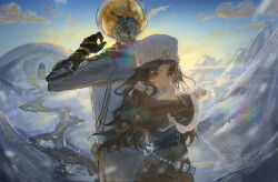 1boy 1girl absurdres back-to-back backlighting black_gloves black_hair blue_sky brown_jacket brown_skirt cloud ferrofluid fingerless_gloves fishbowl_helmet fur_hat gloves hand_up hat highres jacket jumpsuit mangxia_xiang_chi_mangguo moldir_(reverse:1999) mountain object_head outdoors papakha reverse:1999 river scarf skirt sky snow sunlight ulrich_(reverse:1999) upper_body white_gloves white_hat white_jumpsuit white_scarf yellow_eyes