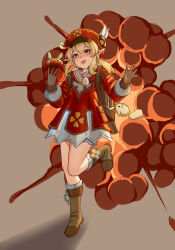 1girl :d absurdres backpack bag blonde_hair blush boots brown_background brown_boots brown_gloves commentary_request dodoco_(genshin_impact) dress explosion feathers genshin_impact gloves hair_between_eyes happy_(pixiv_24098338) hat hat_feather highres jumpy_dumpty klee_(genshin_impact) knee_boots kneehighs long_hair long_sleeves looking_at_viewer low_twintails newsboy_cap open_mouth puffy_long_sleeves puffy_sleeves red_dress red_eyes red_hat ribbed_socks shadow simple_background smile socks solo standing standing_on_one_leg twintails white_feathers white_socks