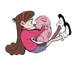 1boy 1girl animal black_footwear blush_stickers brown_hair eye_contact face-to-face from_side gravity_falls hairband holding holding_animal kumao_(uexxww) legs_up long_hair looking_at_another loose_socks mabel_pines noses_touching pet pig pink_sweater profile purple_skirt shoes sitting skirt socks sweater very_long_hair waddles white_socks