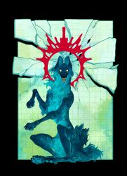 barsuk black_border blood blood_halo body_fur border claws commentary crack english_commentary fangs green_background grid_background halo highres liquid_halo looking_at_viewer original rearing sharp_teeth tail teeth tiles wolf yellow_eyes