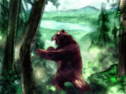 animal animal_focus bear breath brown_bear claws fangs forest game_cg grass kawano_takuji kuma_(tekken) lake mountain nature official_art open_mouth punching sharp_teeth solo split_tree teeth tekken tekken_4 training tree