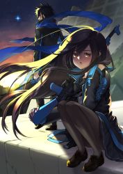 1boy 1girl absurdres ak-47 assault_rifle bad_feet black_jacket black_skirt blue_scarf brown_eyes brown_footwear brown_legwear gun hand_up highres holding holding_gun holding_sword holding_weapon jacket kalashnikov_rifle looking_at_viewer looking_back original over_shoulder red_eyes rickadd9 rifle scarf shoes skirt sky squatting standing star_(sky) starry_sky sword twilight weapon wind