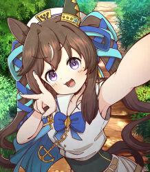 1girl :3 animal_ears arm_up armpits belt beret blue_nails brown_hair furrowed_brow grass hat highres horse_ears horse_girl long_hair looking_at_viewer mole mole_under_eye nail_polish open_mouth purple_eyes rakugakiraid ribbon selfie solo twintails umamusume v v-shaped_eyebrows vivlos_(umamusume)