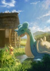 absurdres blue_sky bush cabin cloud day gen_1_pokemon grass highres lapras legna_(legna_161cm) looking_at_another nintendo no_humans nostrils open_mouth outdoors pikachu pokemon pokemon_(creature) sky twitter_username water_wheel