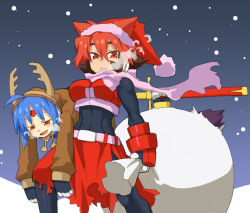 Rule 34 | 1boy, 1girl, abs, aeolus (mega man), antlers, atlas (mega man), bag, blue hair, bodysuit, breasts, breath, capcom, carrying, carrying under arm, christmas, colored bangs, gloves, hat, horns, medium breasts, mega man (series), mega man zx, mega man zx advent, multicolored hair, muscular, red eyes, red hair, santa costume, santa hat, shigehiro (hiroi heya), siarnaq (mega man), snow, sword, thetis (mega man), weapon