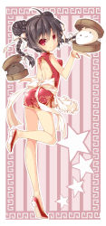 1girl :3 absurdres apron back backless_outfit bamboo_steamer bare_legs black_hair braid china_dress chinese_clothes double_bun dress dumpling female_focus food full_body hair_bun highres looking_back original red_eyes saru slippers smile solo star_(symbol) twin_braids waitress