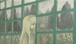 1girl blonde_hair blue_dress closed_mouth collared_dress dress expressionless flower hairband highres ju6mei lolita_hairband long_hair looking_outside neck_ribbon original reflection ribbon solo tree upper_body white_flower white_ribbon window